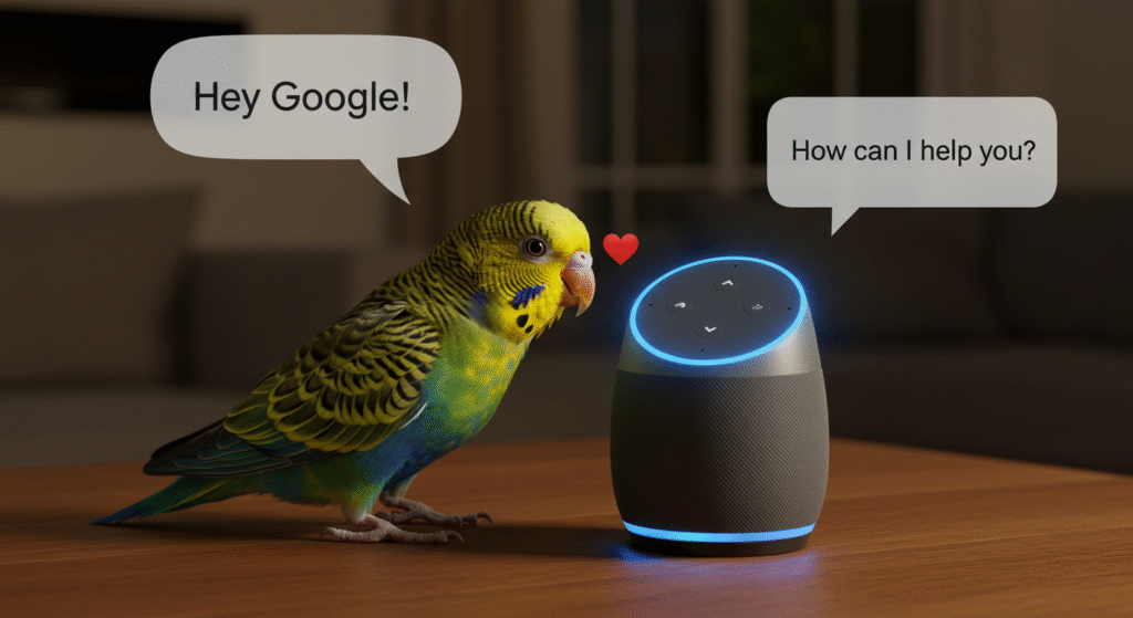 A cute budgie parrot affectionately interacts with a smart speaker, saying "Hey Google!" and illustrating a funny love story between a pet and modern technology.