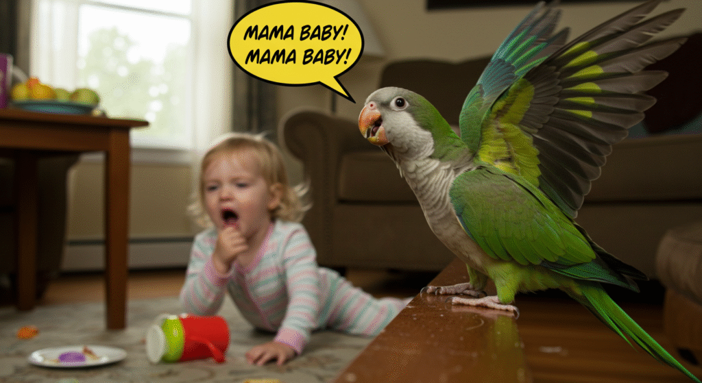 A heroic green Quaker amazing parrots named Willie alerts a family by shouting "MAMA BABY!" as a toddler chokes in the background, a pivotal moment in the life-saving story.
