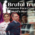 Composite image visualizing the brutal truth: Victim Noor Afiyah's portrait, blood-splattered MasterChef finalist Etiqah and ex-husband, text "Famous Face Conceals Maid's Horrific Murder," and blurred protest background.