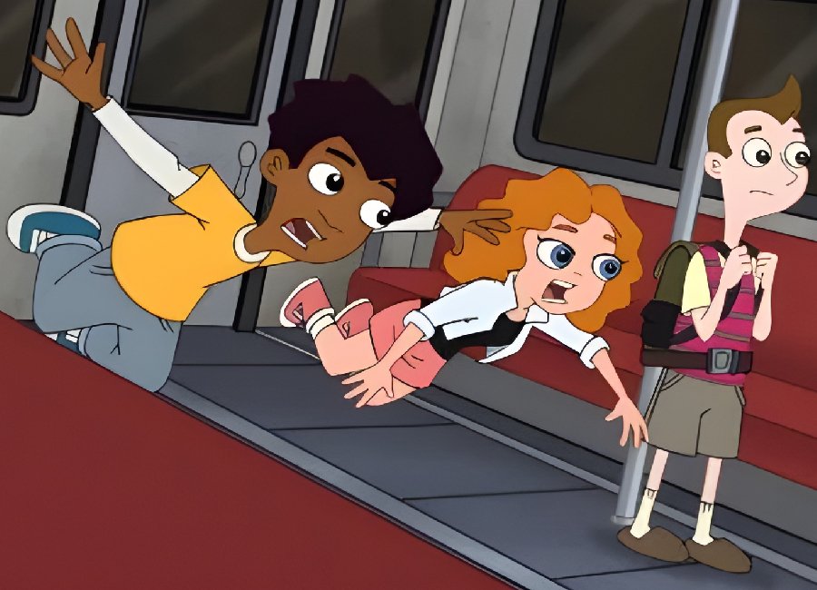 Zack, Melissa, and Milo from Milo Murphy’s Law caught in a chaotic moment on a subway train.