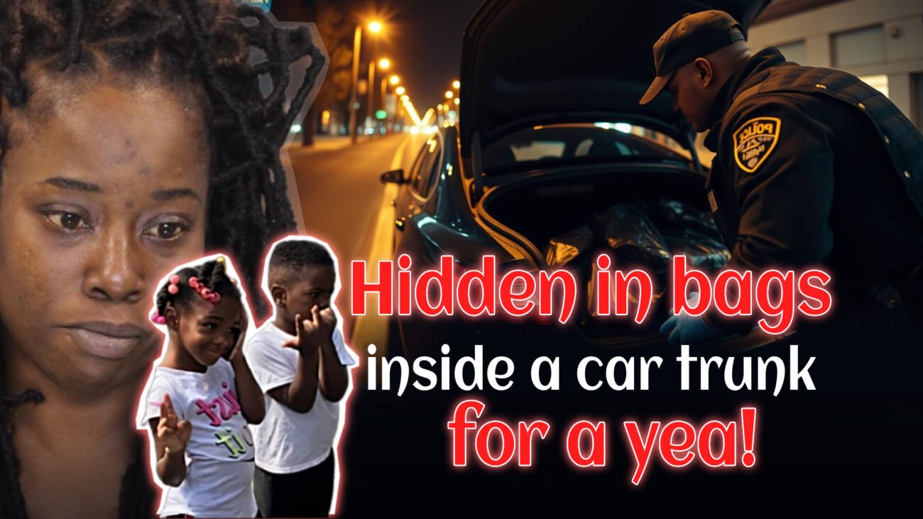 Collage of the Nicole Johnson case showing her, her two children, and a police officer discovering the bodies in a car trunk at night.