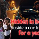 Collage of the Nicole Johnson case showing her, her two children, and a police officer discovering the bodies in a car trunk at night.