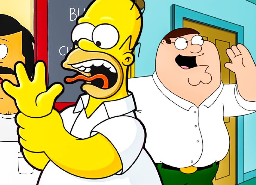 Homer Simpson from The Simpsons shocked while Peter Griffin from Family Guy laughs, showing the four-finger design, a nod to Cartoon Production Secrets.