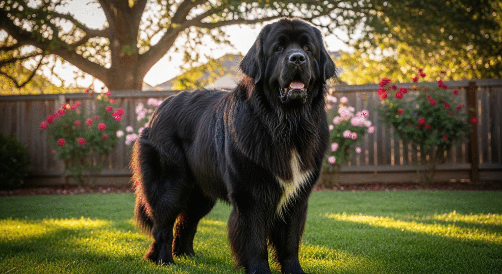 A large black Newfoundland dog with a white chest standing in a garden with flowers and trees.