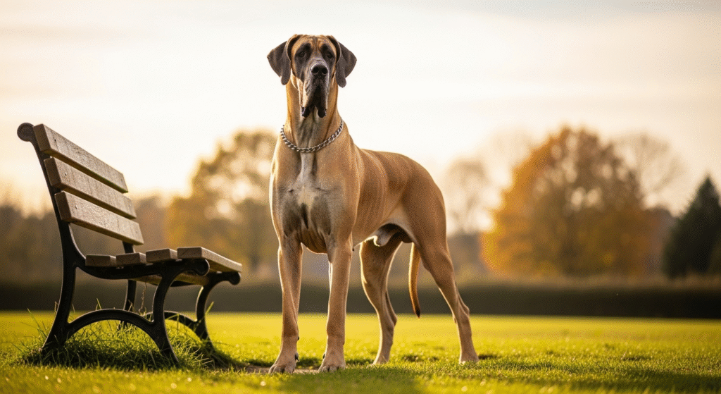 A fawn Great Dane standing tall beside a park bench, showcasing its giant size and elegant build.