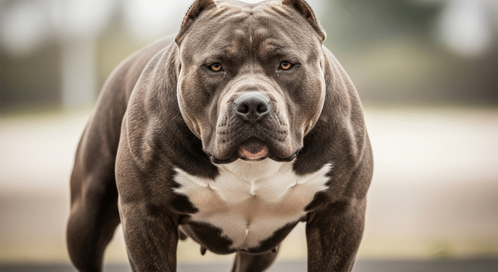 A muscular gray American Bully with a broad chest and powerful stance looking directly at the camera.