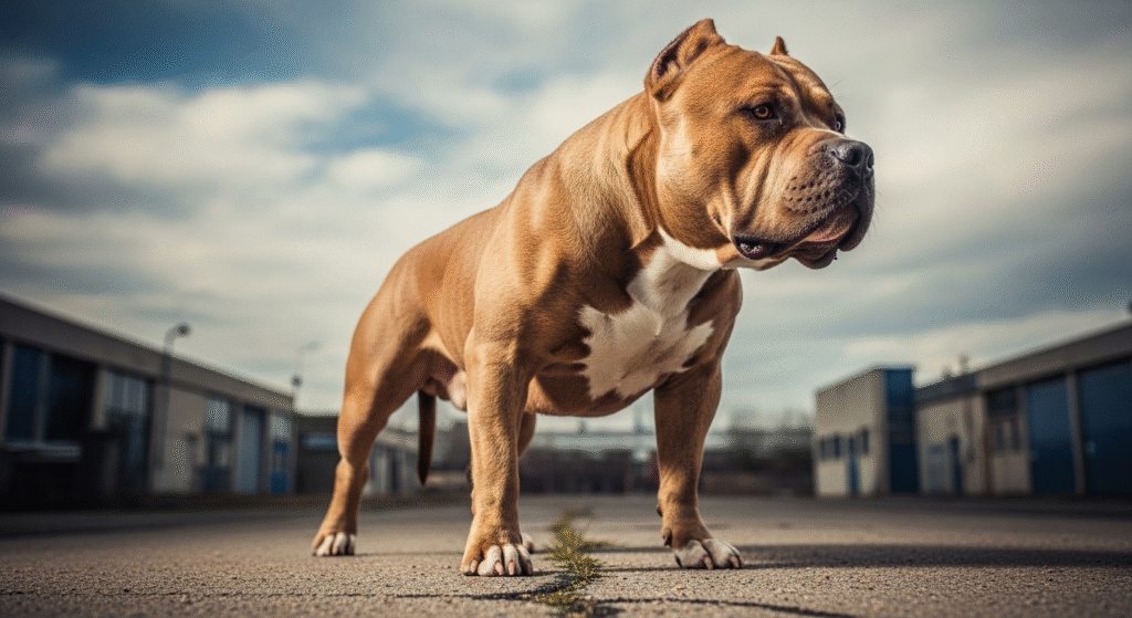 A strong brown American Bully with a white chest standing on pavement, showing its compact and muscular frame.
