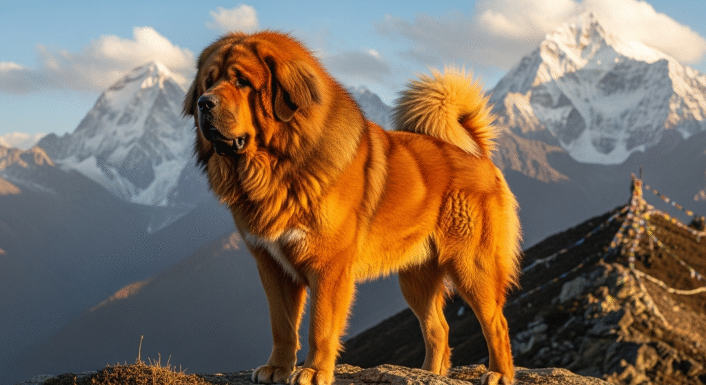 A red Tibetan Mastiff standing proudly on a mountain ridge with snowy peaks in the background.