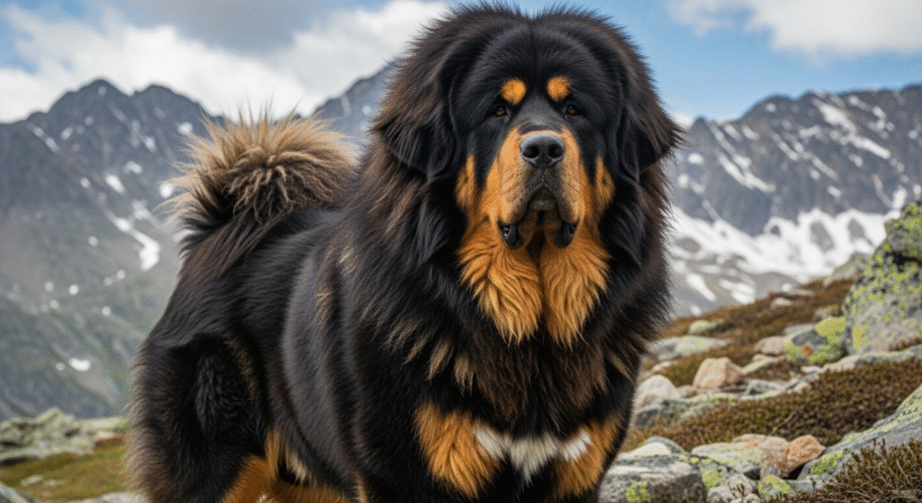 A massive black Tibetan Mastiff with a golden mane standing on rocky terrain in the mountains.