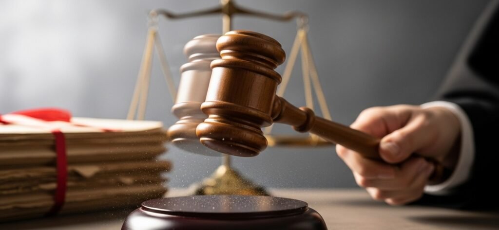A judge's gavel striking, symbolizing the court's verdict and the pursuit of justice in the heinous murder case.