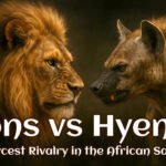 Side profile of a fierce lion and a strong hyena staring into each other’s eyes with intensity, symbolizing rivalry and dominance.