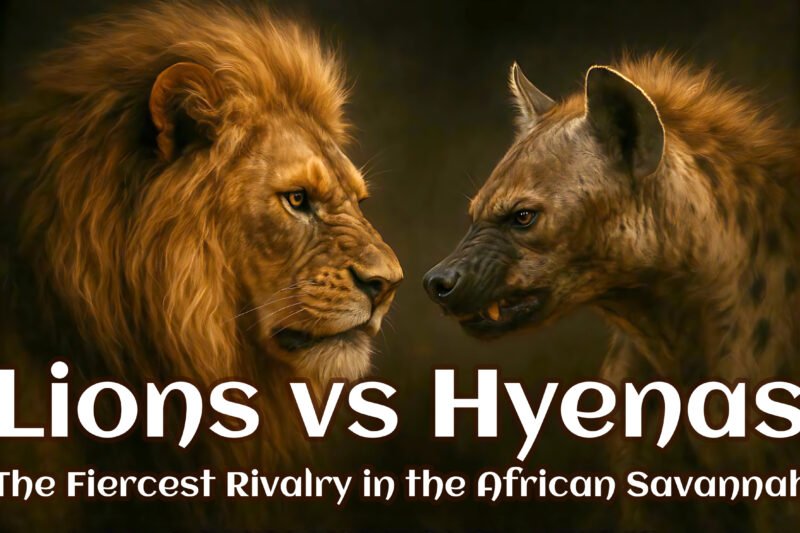 Side profile of a fierce lion and a strong hyena staring into each other’s eyes with intensity, symbolizing rivalry and dominance.