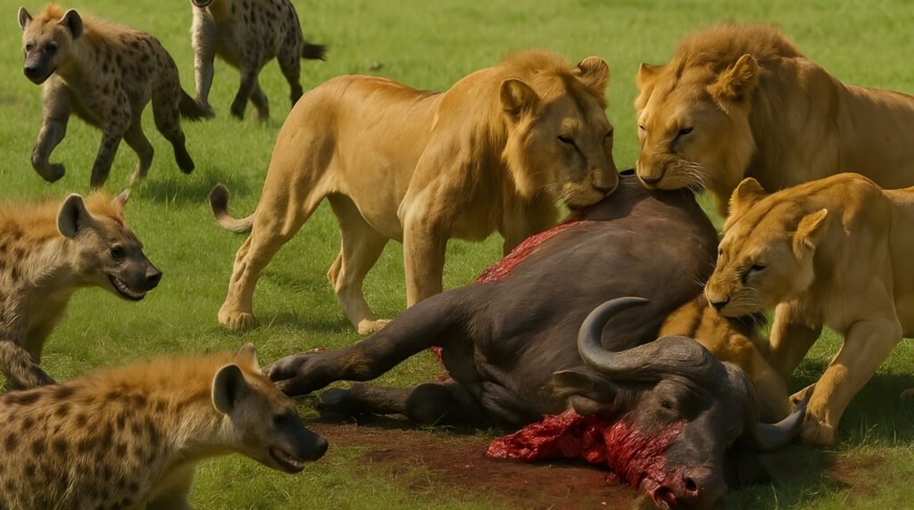 Lions and hyenas converge on a buffalo carcass, dust flying and teeth bared an unmistakable snapshot of predator battles over a hard-won kill.