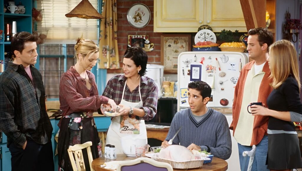 The cast in Monica's kitchen during a Thanksgiving episode. Such iconic holiday scenes are a key reason for the enduring Popularity of Friends across generations.