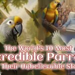 A vibrant collage showcasing scenes from the stories of 10 amazing parrots, hinting at their unbelievable heroics, mischief, and intelligence. Features the article's title.