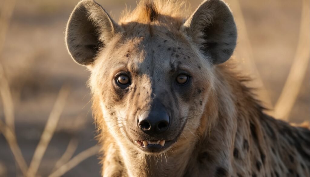 Tight close-up of a spotted hyena with alert eyes and torn ear, sunlit fur and dusty background, capturing the edge of wildlife rivalry on the plains.
