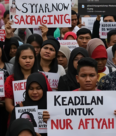 Activists holding signs, one prominently reading "KEADILAN UNTUK NUR AFIYAH" (Justice for Nur Afiyah), during a protest.
