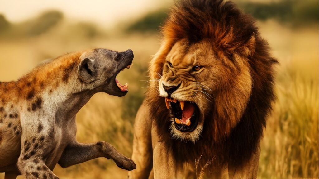 Side-by-side confrontation: roaring lion and snarling hyena squared off in tall grass, cinematic lighting—symbol of a relentless lion and hyena fight.