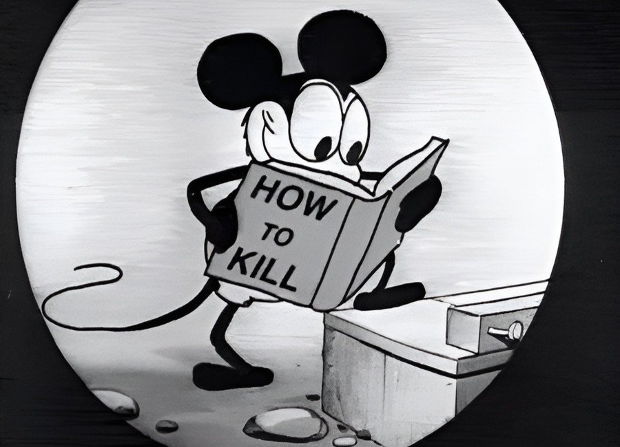 Mickey Mouse in old black-and-white animation reading a book titled “How to Kill.”