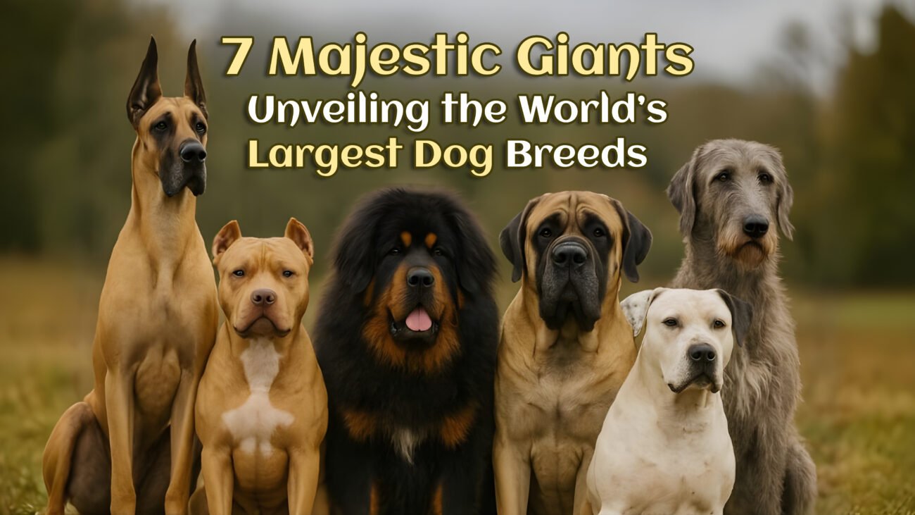 Great Dane, Pit Bull, Tibetan Mastiff, English Mastiff, American Bulldog, and Irish Wolfhound standing together as the world’s largest dog breeds.