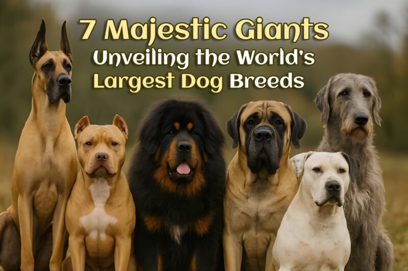 Great Dane, Pit Bull, Tibetan Mastiff, English Mastiff, American Bulldog, and Irish Wolfhound standing together as the world’s largest dog breeds.