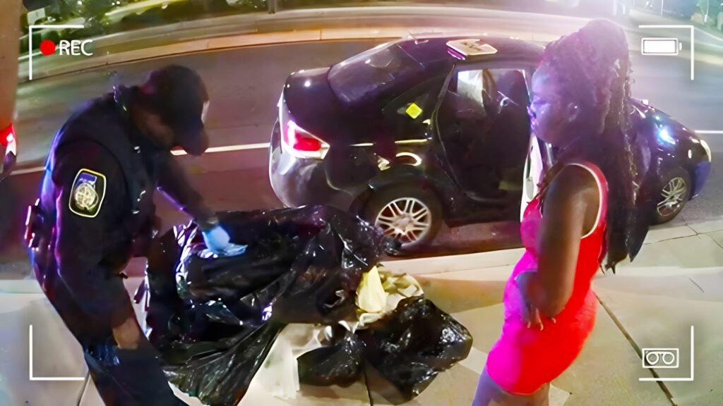 Bodycam footage of a police officer inspecting a large black bag on the sidewalk as Nicole Michelle Johnson watches during a traffic stop at night.