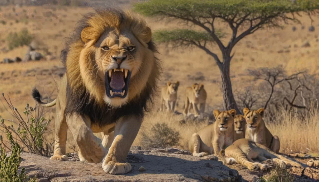 Roaring male lion striding toward camera while his pride rests under an acacia an iconic scene of African savannah animals in their natural habitat.