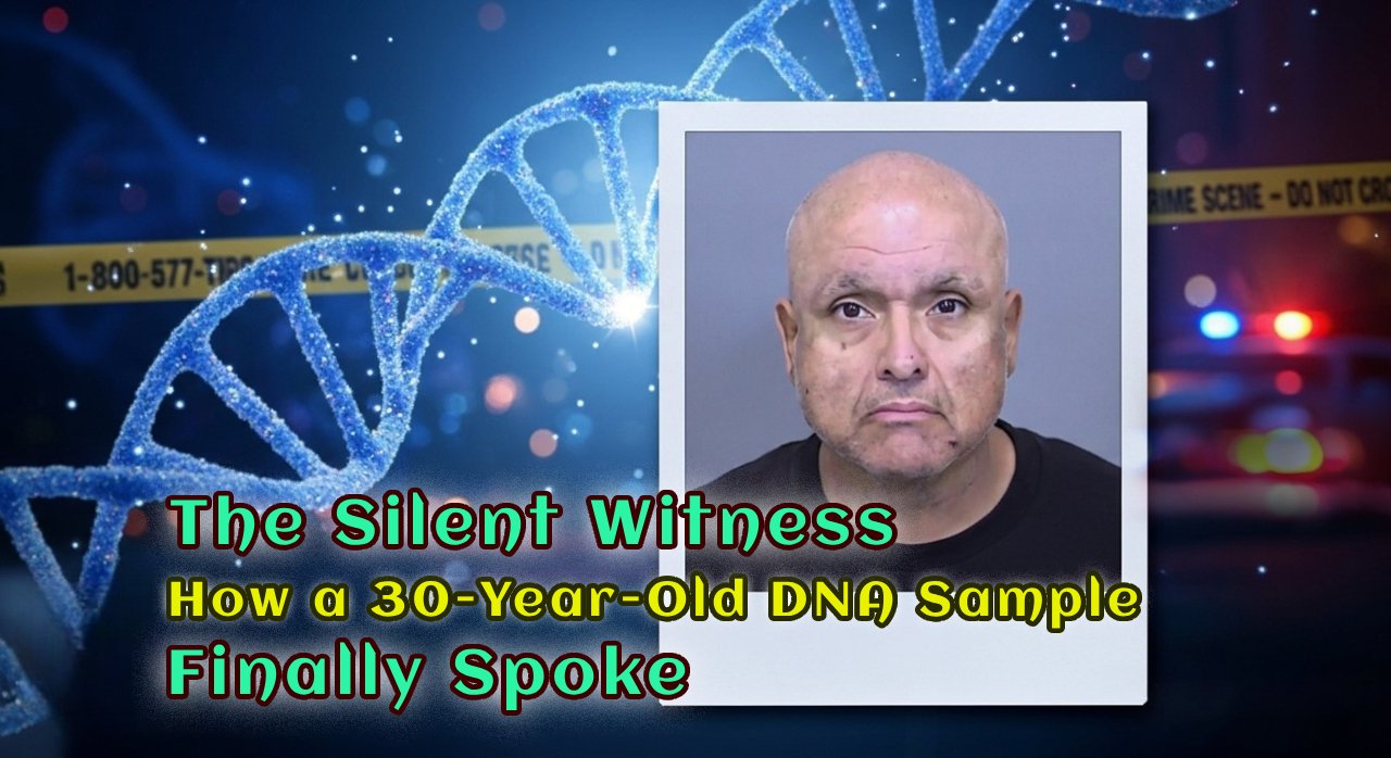 Promotional image for 'The Silent Witness' featuring a mugshot against a backdrop of a DNA helix and crime scene tape.