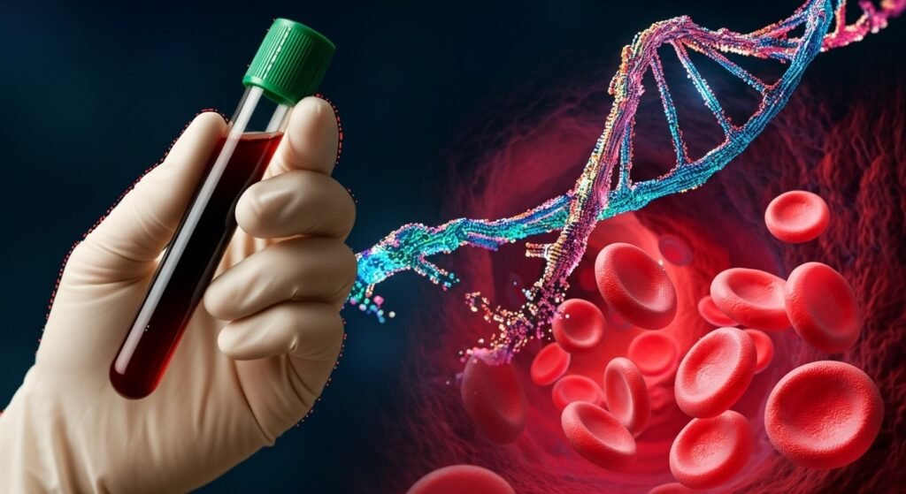 A scientific illustration of a blood sample and a DNA helix, representing the critical role of DNA evidence in forensics.