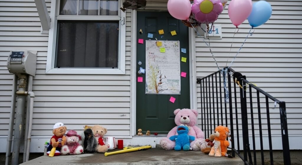 A makeshift memorial of teddy bears and balloons on the front porch of the Blair home, honoring the victims of the Mitchelle Blair case.